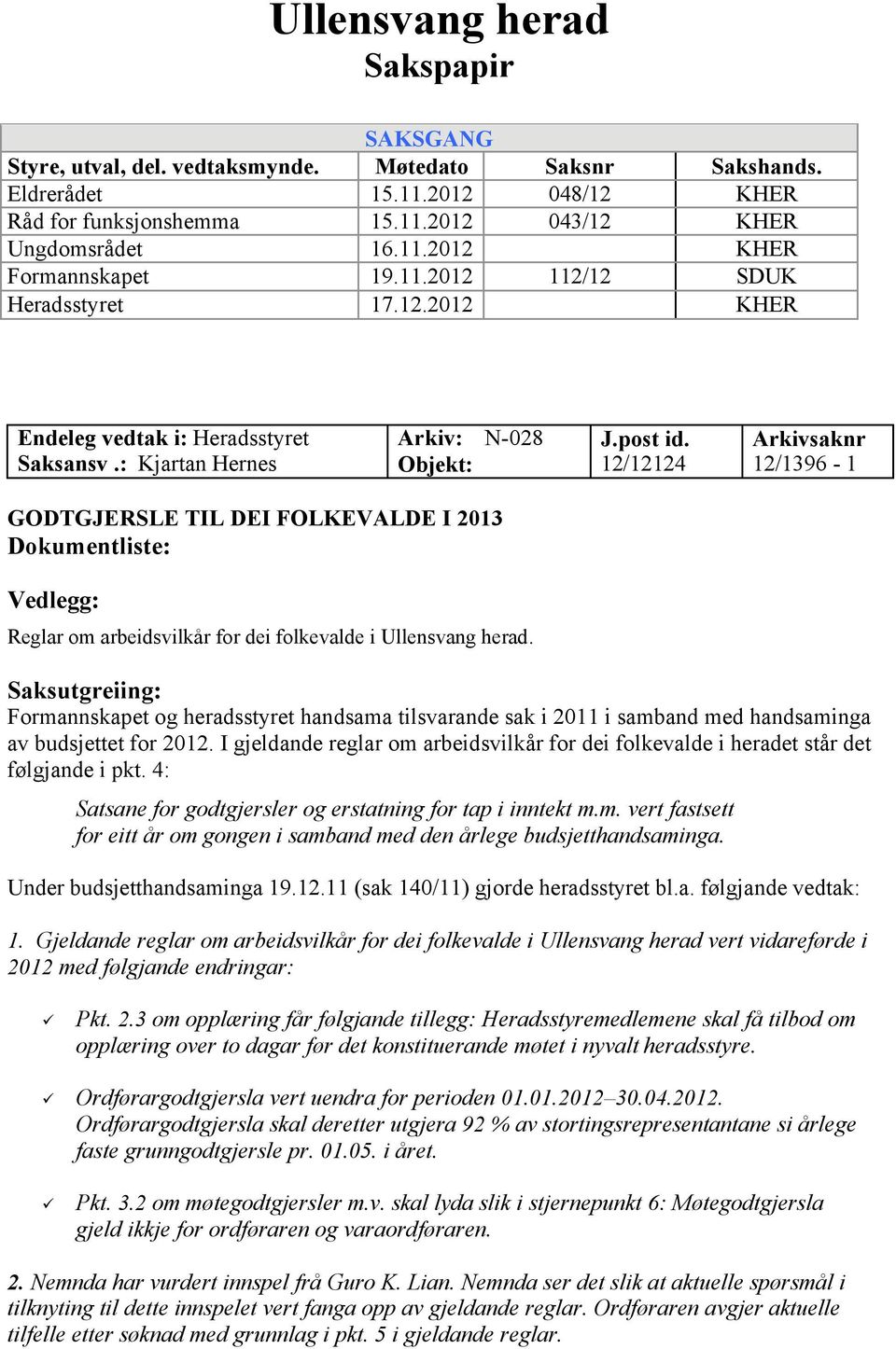 12/12124 Arkivsaknr 12/1396-1 GODTGJERSLE TIL DEI FOLKEVALDE I 2013 Dokumentliste: Vedlegg: Reglar om arbeidsvilkår for dei folkevalde i Ullensvang herad.