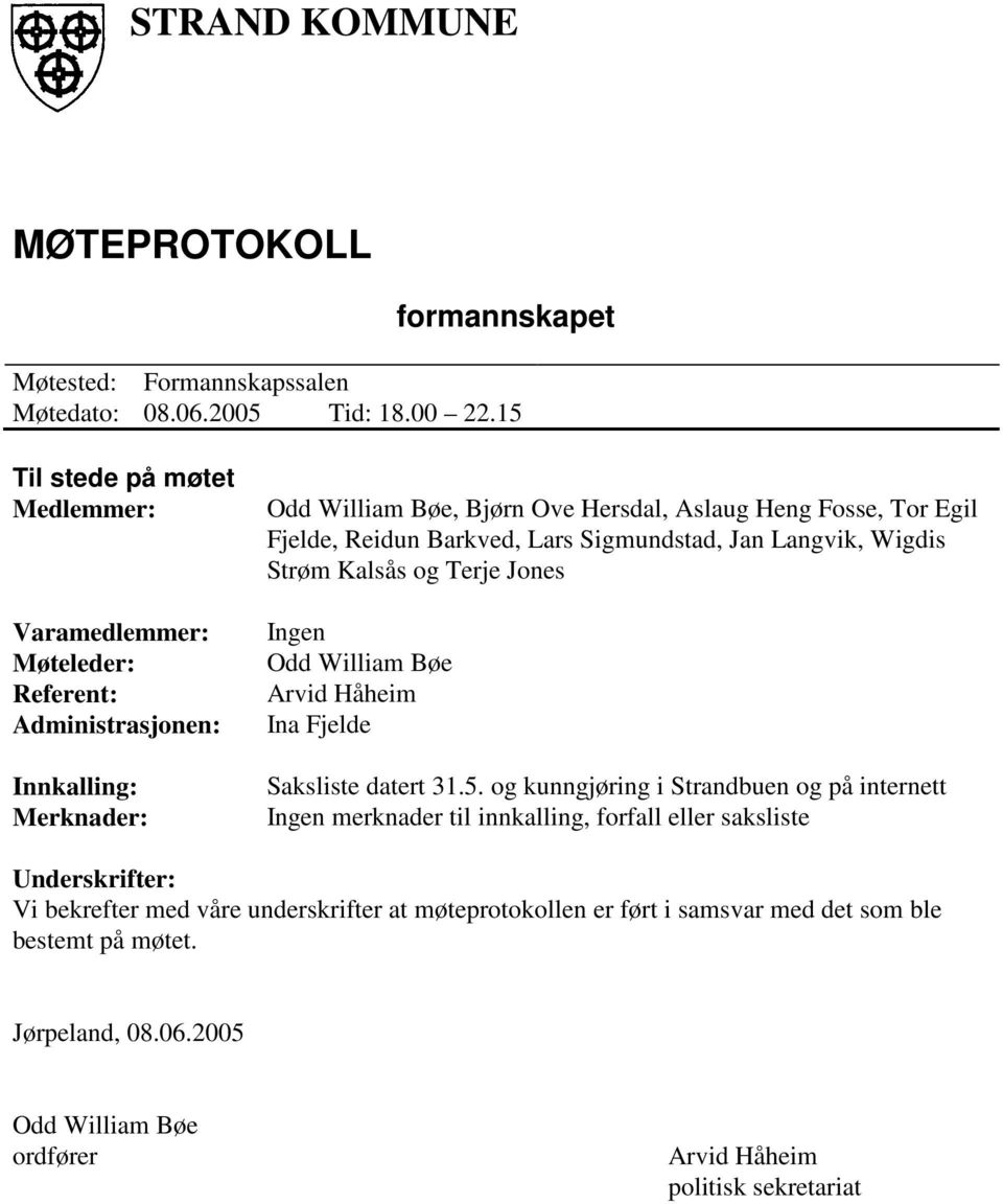 Reidun Barkved, Lars Sigmundstad, Jan Langvik, Wigdis Strøm Kalsås og Terje Jones Ingen Odd William Bøe Arvid Håheim Ina Fjelde Saksliste datert 31.5.