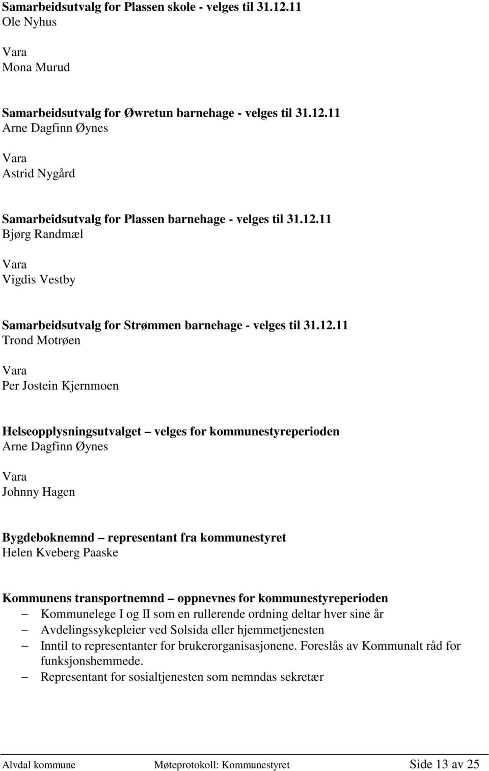 Dagfinn Øynes Johnny Hagen Bygdeboknemnd representant fra kommunestyret Helen Kveberg Paaske Kommunens transportnemnd oppnevnes for kommunestyreperioden Kommunelege I og II som en rullerende ordning