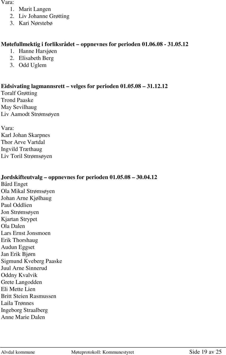 12 Toralf Grøtting Trond Paaske May Sevilhaug Liv Aamodt Strømsøyen : Karl Johan Skarpnes Thor Arve Vartdal Ingvild Træthaug Liv Toril Strømsøyen Jordskifteutvalg oppnevnes for perioden 01.05.08 30.