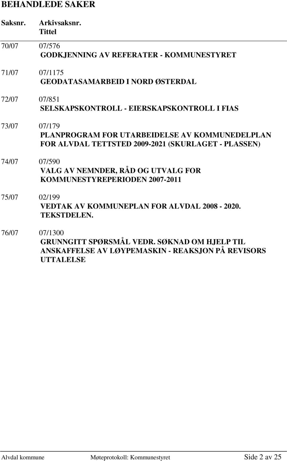 FIAS 73/07 07/179 PLANPROGRAM FOR UTARBEIDELSE AV KOMMUNEDELPLAN FOR ALVDAL TETTSTED 2009-2021 (SKURLAGET - PLASSEN) 74/07 07/590 VALG AV NEMNDER, RÅD OG