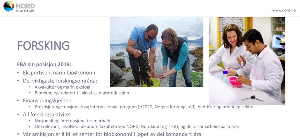 Finansieringskjelder: Prestisjetunge nasjonale og internasjonale program (H2020, Norges forskingsråd), bedrifter og offentleg sektor