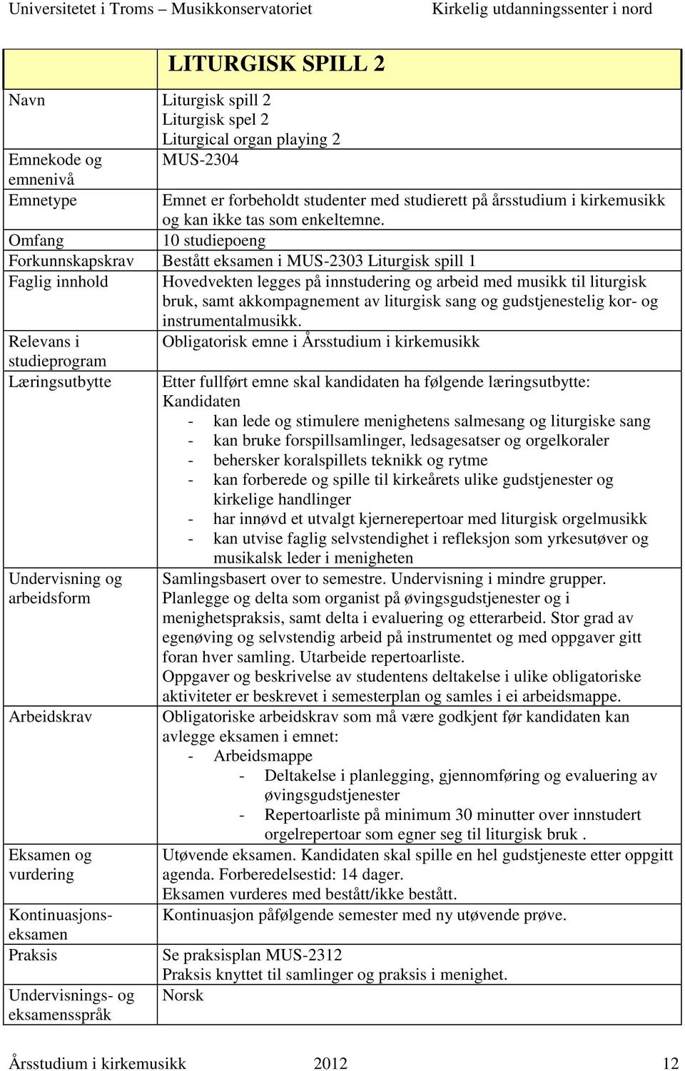 10 studiepoeng Forkunnskapskrav Bestått eksamen i MUS-2303 Liturgisk spill 1 Faglig innhold Relevans i Praksis Hovedvekten legges på innstudering og arbeid med musikk til liturgisk bruk, samt
