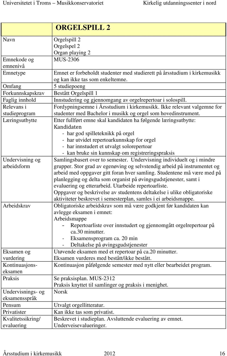 Ikke relevant valgemne for Praksis Pensum Privatister studenter med Bachelor i musikk og orgel som hovedinstrument.