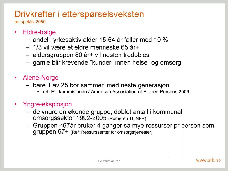 ref: EU kommisjonen / American Assosiation of Retired Persons 2006 Yngre-eksplosjon de yngre en økende gruppe, doblet antall i kommunal omsorgssektor