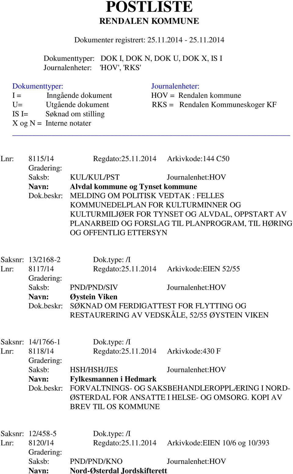 Saksnr: 13/2168-2 Dok.type: /I Lnr: 8117/14 Regdato:25.11.2014 Arkivkode:EIEN 52/55 Navn: Øystein Viken Dok.