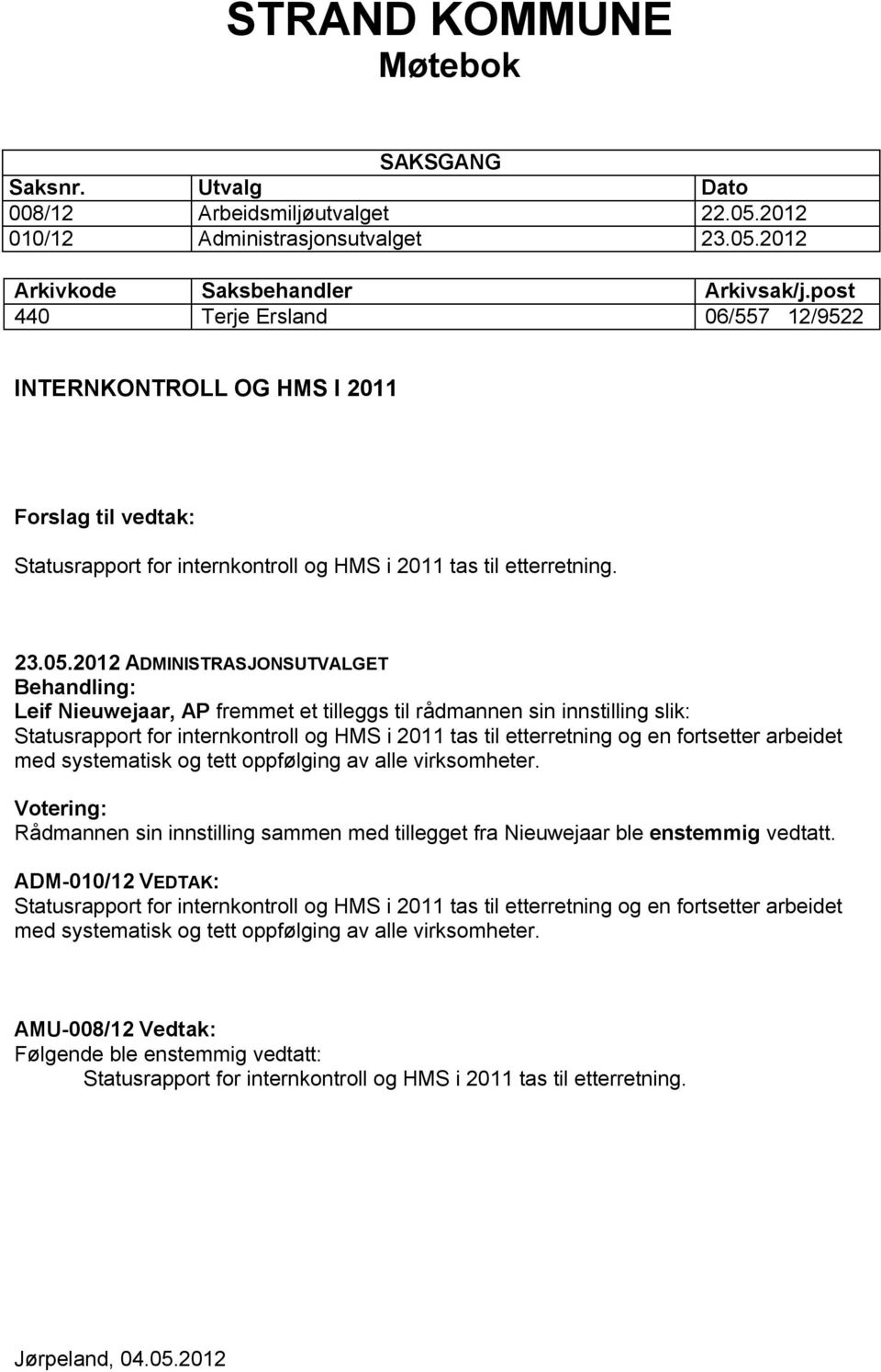 2012 ADMINISTRASJONSUTVALGET Behandling: Leif Nieuwejaar, AP fremmet et tilleggs til rådmannen sin innstilling slik: Statusrapport for internkontroll og HMS i 2011 tas til etterretning og en