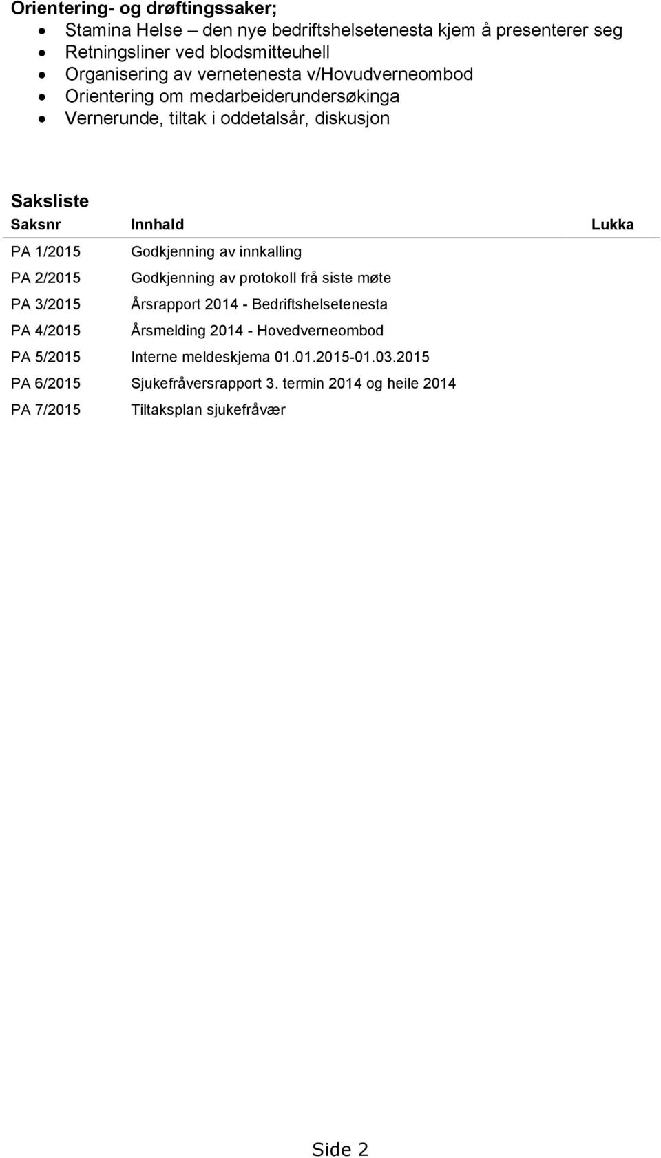 Godkjenning av innkalling PA 2/2015 Godkjenning av protokoll frå siste møte PA 3/2015 Årsrapport 2014 - Bedriftshelsetenesta PA 4/2015 Årsmelding 2014 -