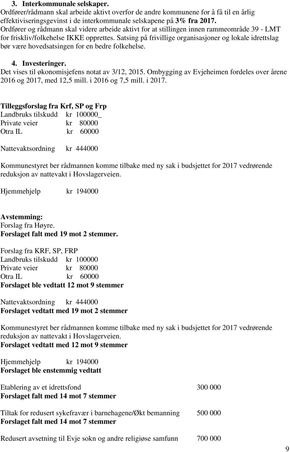 Satsing på frivillige organisasjoner og lokale idrettslag bør være hovedsatsingen for en bedre folkehelse. 4. Investeringer. Det vises til økonomisjefens notat av 3/12, 2015.