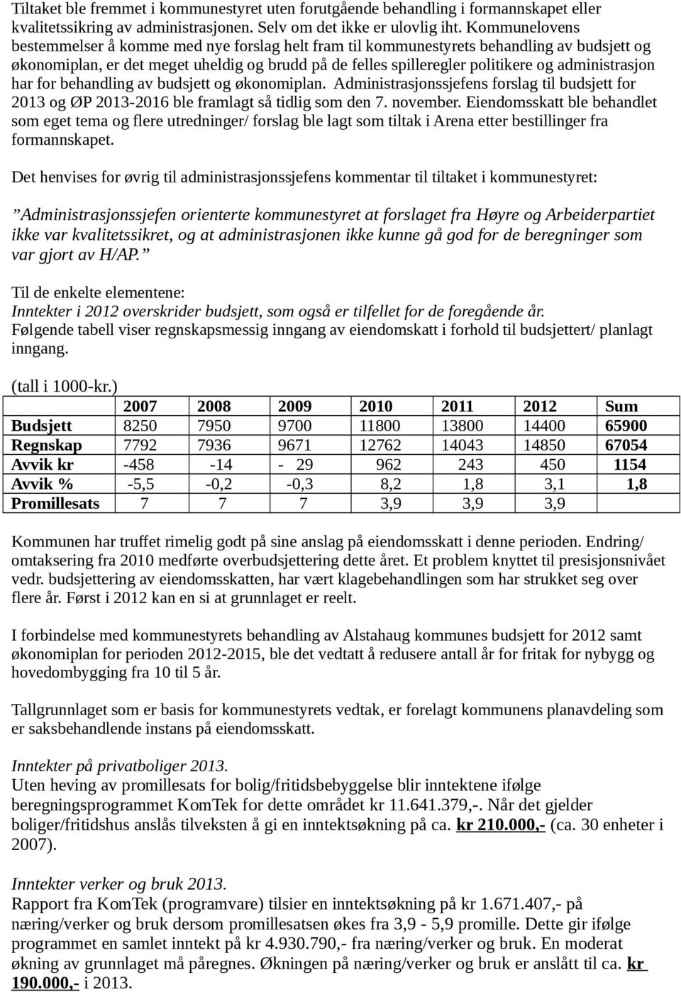 administrasjon har for behandling av budsjett og økonomiplan. Administrasjonssjefens forslag til budsjett for 2013 og ØP 2013-2016 ble framlagt så tidlig som den 7. november.