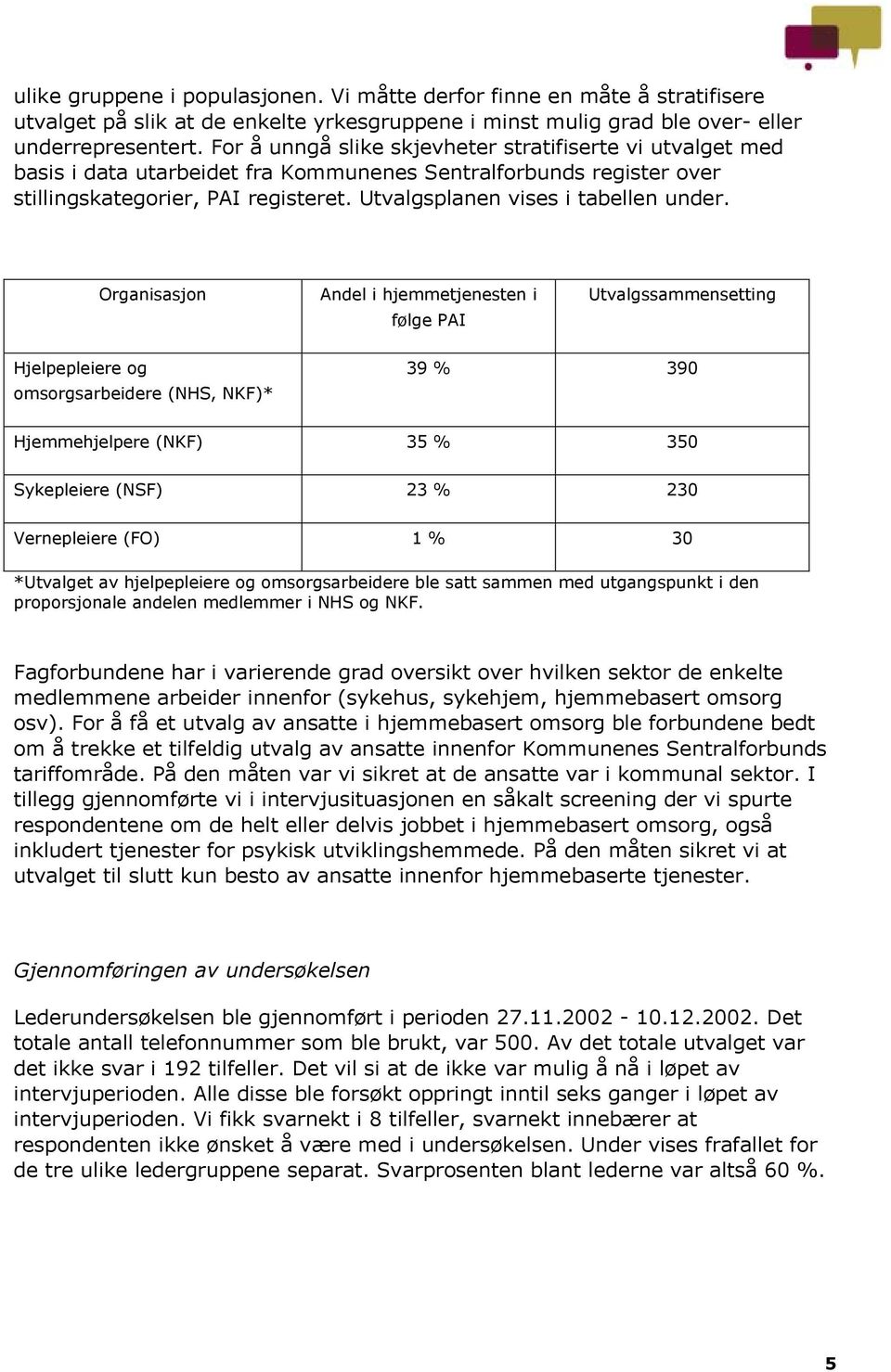 Utvalgsplanen vises i tabellen under.