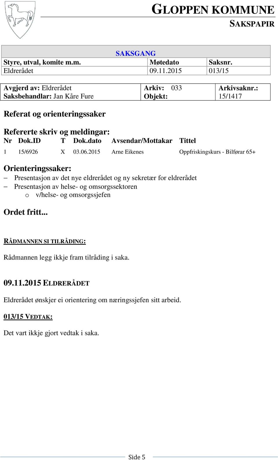 dato Avsendar/Mottakar Tittel 1 15/6926 X 03.06.