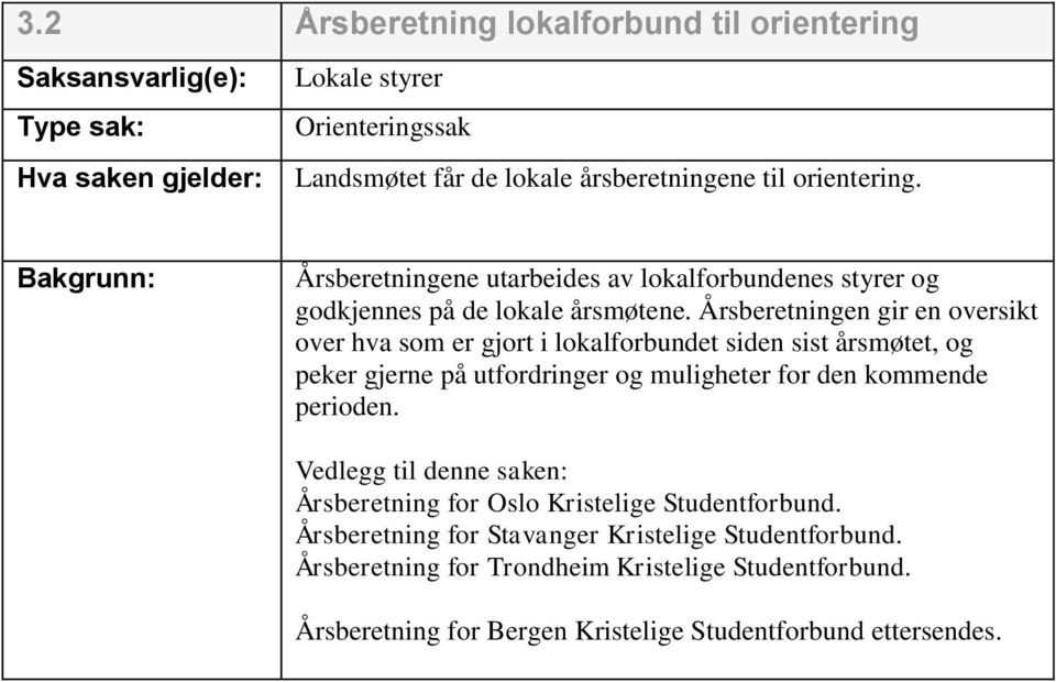 Årsberetningen gir en oversikt over hva som er gjort i lokalforbundet siden sist årsmøtet, og peker gjerne på utfordringer og muligheter for den kommende perioden.