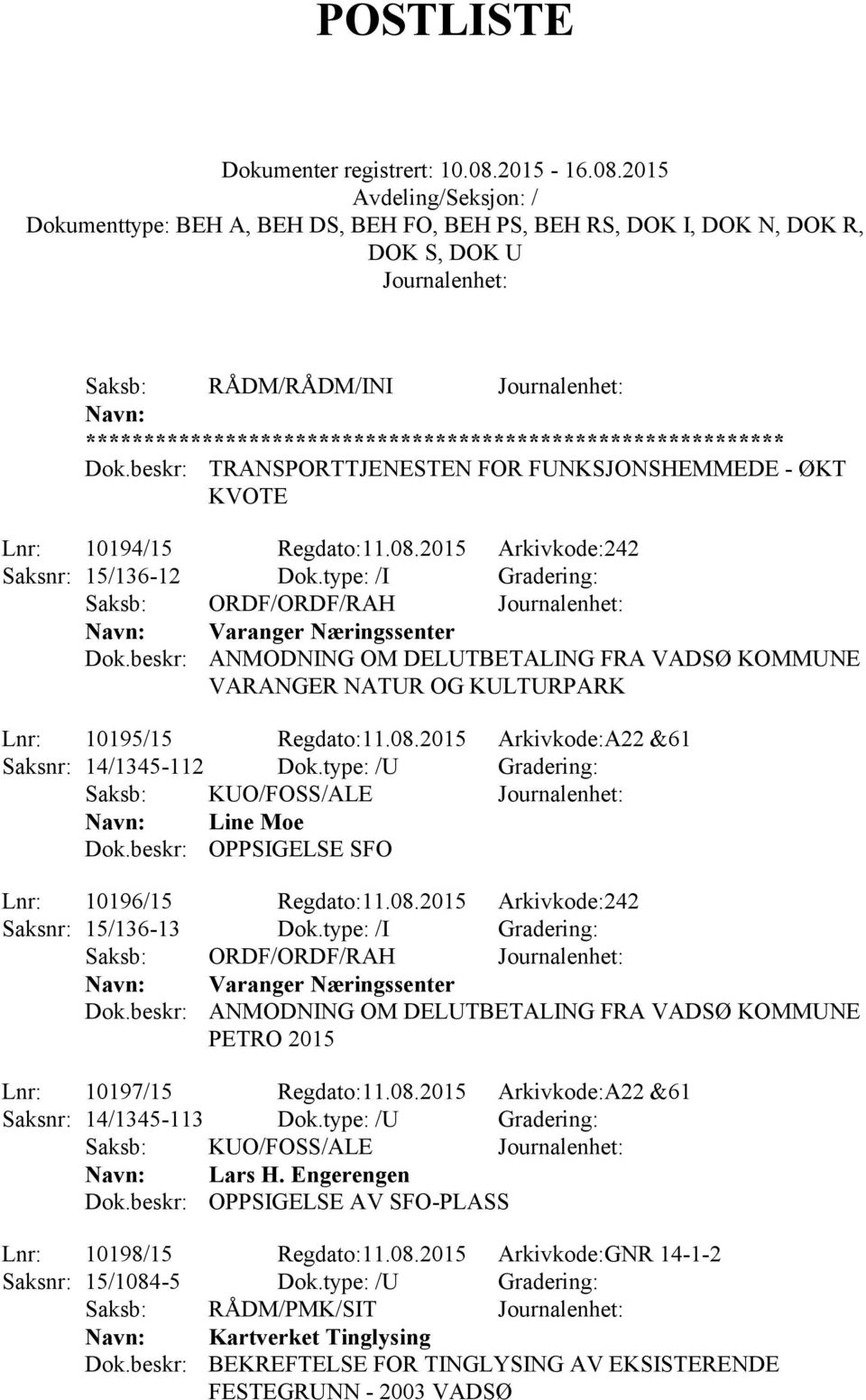 2015 Arkivkode:A22 &61 Saksnr: 14/1345-112 Dok.type: /U Gradering: Saksb: KUO/FOSS/ALE Line Moe Dok.beskr: OPPSIGELSE SFO Lnr: 10196/15 Regdato:11.08.2015 Arkivkode:242 Saksnr: 15/136-13 Dok.