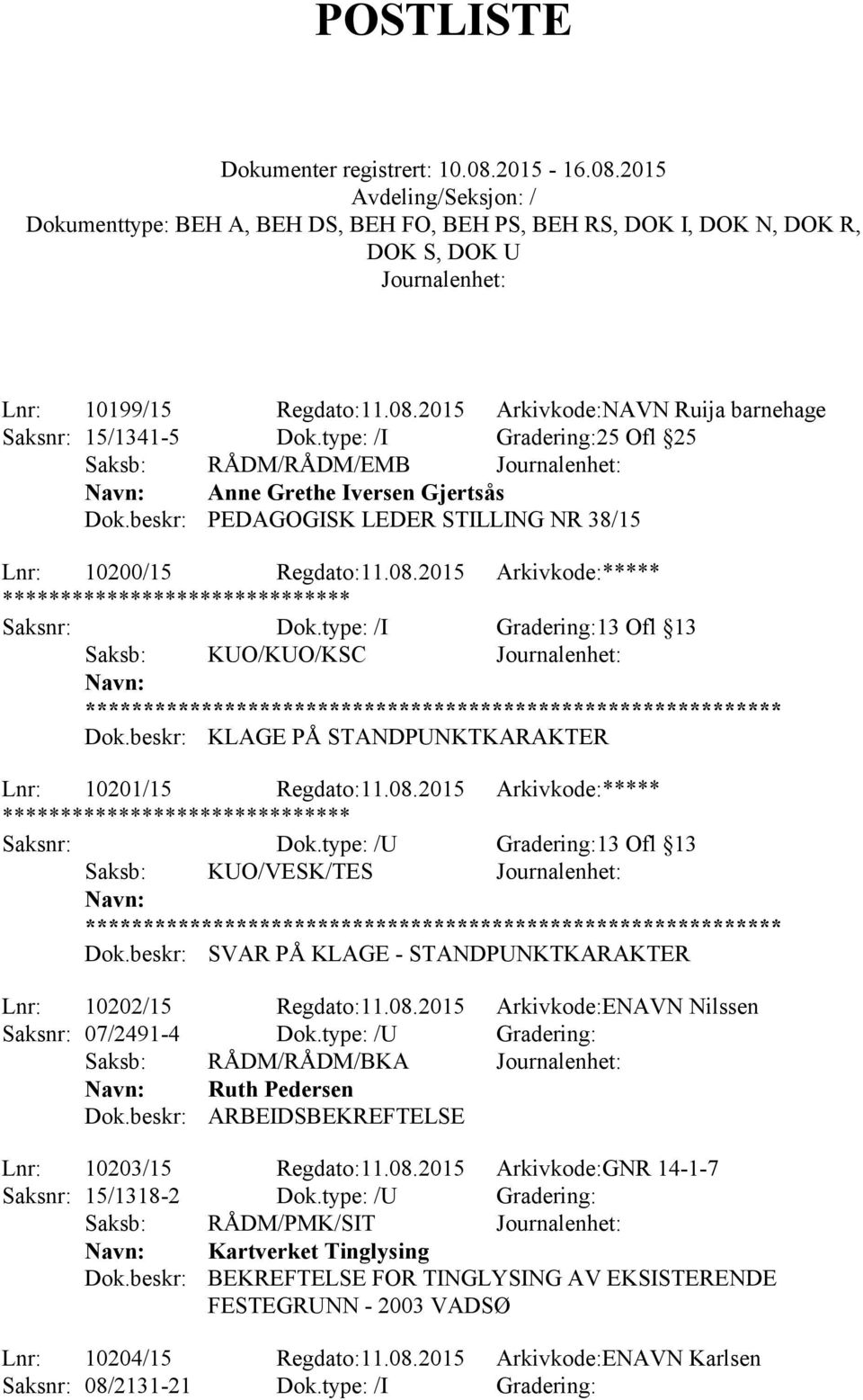 beskr: KLAGE PÅ STANDPUNKTKARAKTER Lnr: 10201/15 Regdato:11.08.2015 Arkivkode:***** Saksb: KUO/VESK/TES Dok.beskr: SVAR PÅ KLAGE - STANDPUNKTKARAKTER Lnr: 10202/15 Regdato:11.08.2015 Arkivkode:ENAVN Nilssen Saksnr: 07/2491-4 Dok.