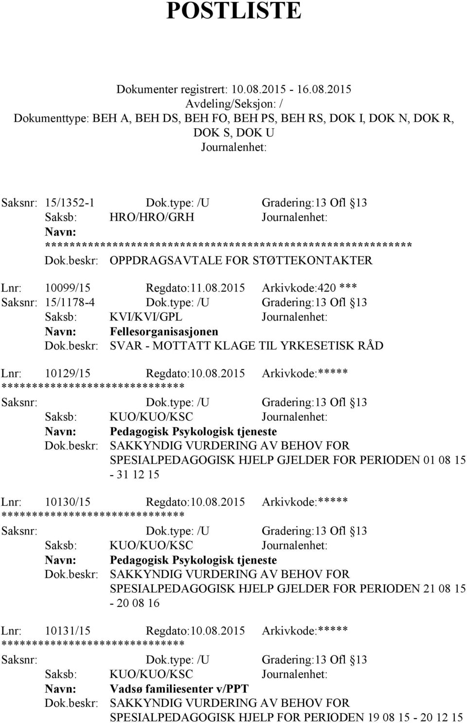 2015 Arkivkode:***** Saksb: KUO/KUO/KSC Pedagogisk Psykologisk tjeneste Dok.