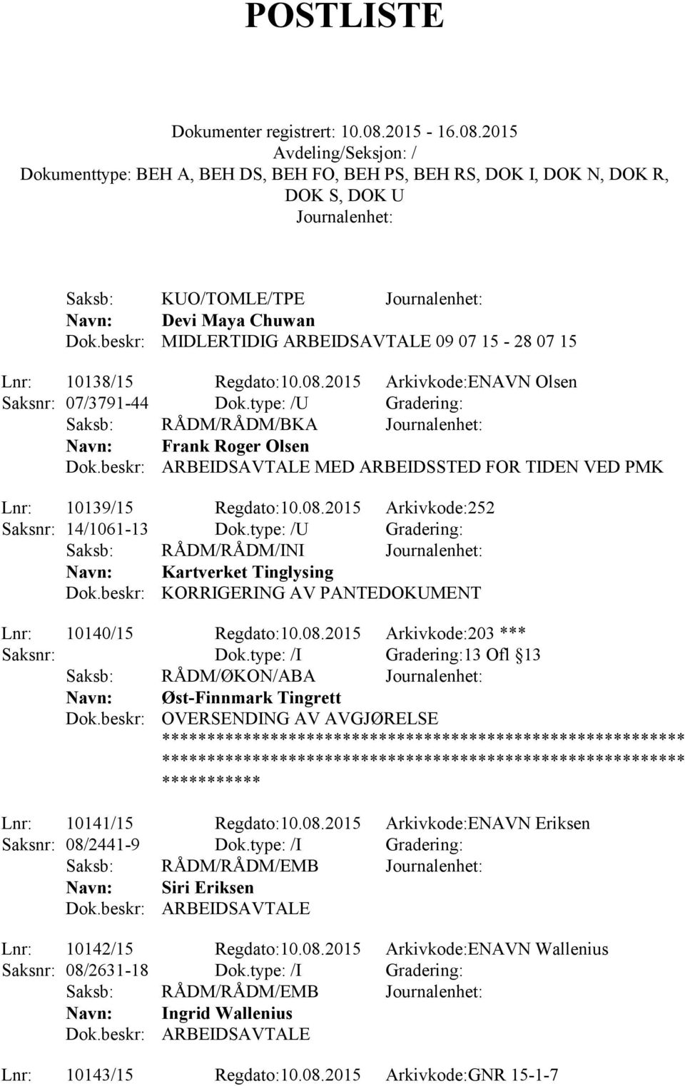 type: /U Gradering: Saksb: RÅDM/RÅDM/INI Kartverket Tinglysing Dok.beskr: KORRIGERING AV PANTEDOKUMENT Lnr: 10140/15 Regdato:10.08.2015 Arkivkode:203 *** Saksnr: Dok.