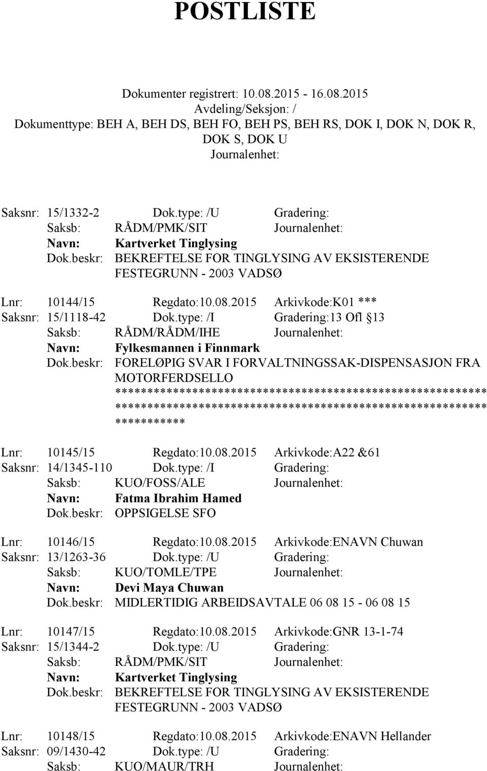 beskr: FORELØPIG SVAR I FORVALTNINGSSAK-DISPENSASJON FRA MOTORFERDSELLO **************************** **************************** *********** Lnr: 10145/15 Regdato:10.08.