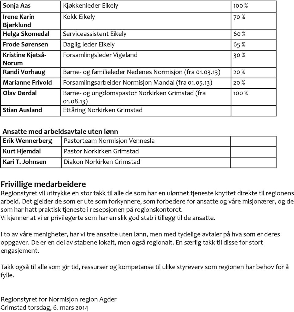 13) 20 % Olav Dørdal Barne- og ungdomspastor Norkirken Grimstad (fra 100 % 01.08.