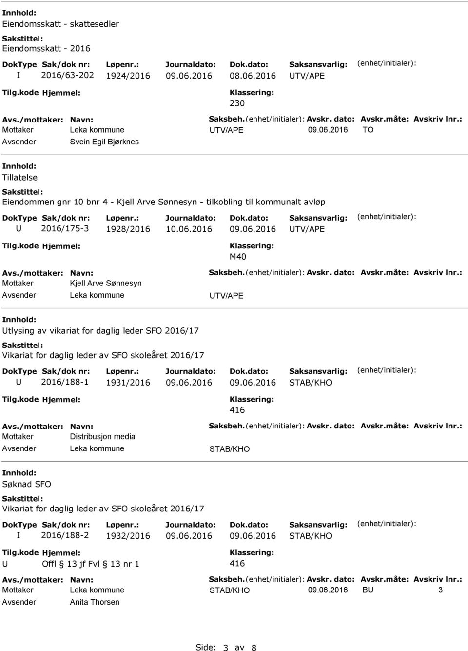 2016/175-3 1928/2016 TV/APE M40 Mottaker Kjell Arve Sønnesyn TV/APE tlysing av vikariat for daglig leder SFO 2016/17 Vikariat for daglig