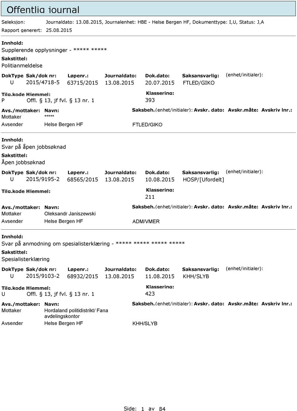 2015 HOS/[fordelt] Avs./mottaker: Navn: Saksbeh. Avskr. dato: Avskr.måte: Avskriv lnr.