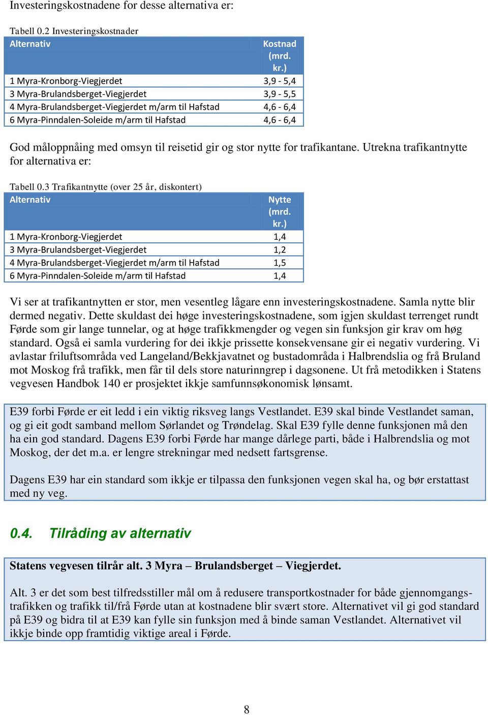 måloppnåing med omsyn til reisetid gir og stor nytte for trafikantane. Utrekna trafikantnytte for alternativa er: Tabell 0.3 Trafikantnytte (over 25 år, diskontert) Alternativ Nytte (mrd. kr.