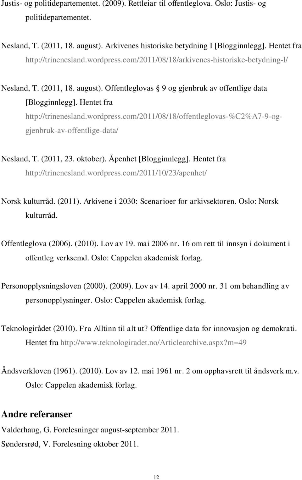 Hentet fra http://trinenesland.wordpress.com/2011/08/18/offentleglovas-%c2%a7-9-oggjenbruk-av-offentlige-data/ Nesland, T. (2011, 23. oktober). Åpenhet [Blogginnlegg]. Hentet fra http://trinenesland.