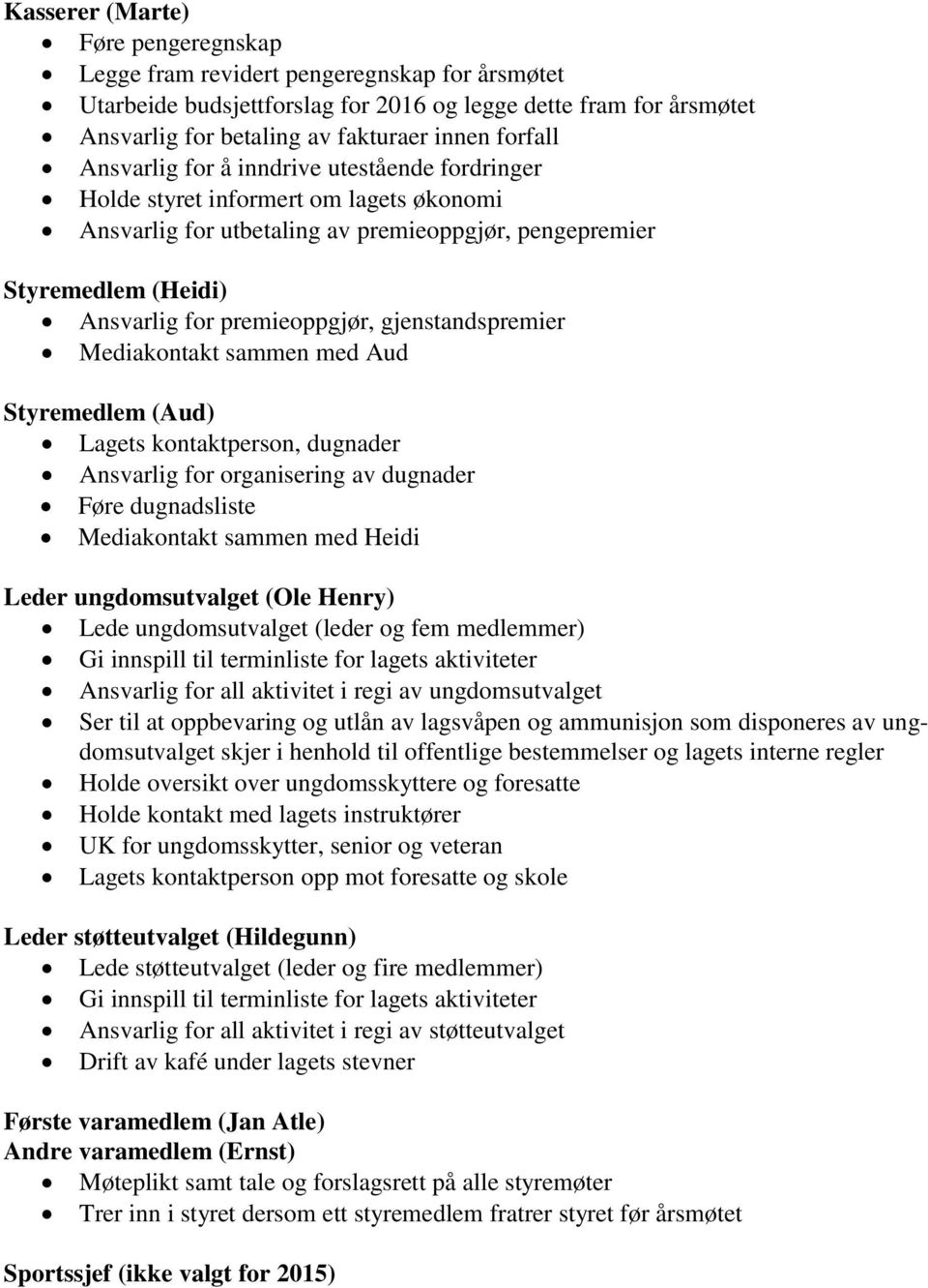 premieoppgjør, gjenstandspremier Mediakontakt sammen med Aud Styremedlem (Aud) Lagets kontaktperson, dugnader Ansvarlig for organisering av dugnader Føre dugnadsliste Mediakontakt sammen med Heidi