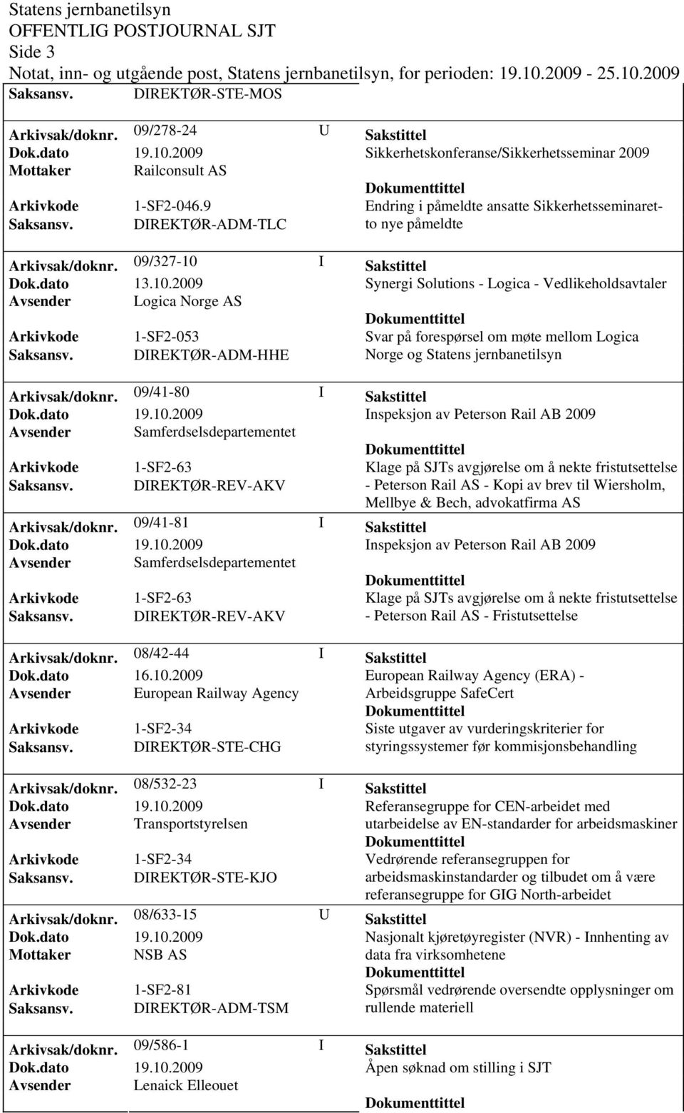 I Sakstittel Dok.dato 13.10.2009 Synergi Solutions - Logica - Vedlikeholdsavtaler Avsender Logica Norge AS Arkivkode 1-SF2-053 Svar på forespørsel om møte mellom Logica Saksansv.