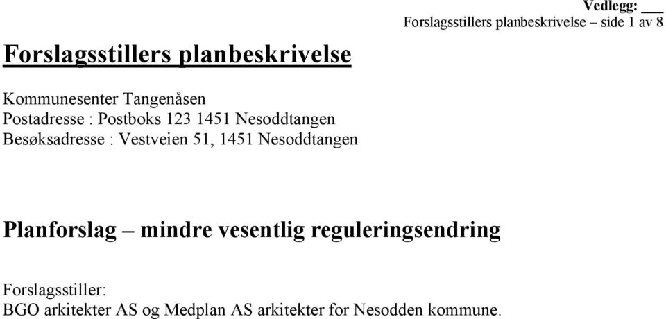 Besøksadresse : Vestveien 51, 1451 Nesoddtangen Planforslag mindre vesentlig