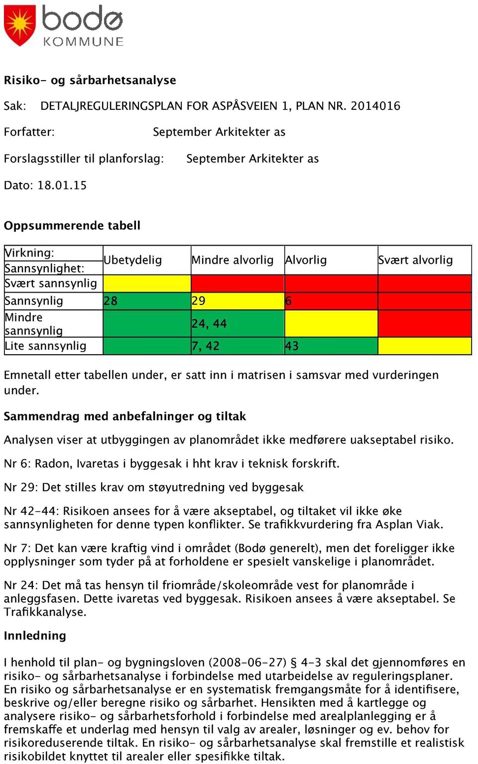 alvorlig Alvorlig Svært alvorlig Sannsynlig 28 29 6 Mindre sannsynlig 24, 44 Lite sannsynlig 7, 42 43 Emnetall etter tabellen under, er satt inn i matrisen i samsvar med vurderingen under.