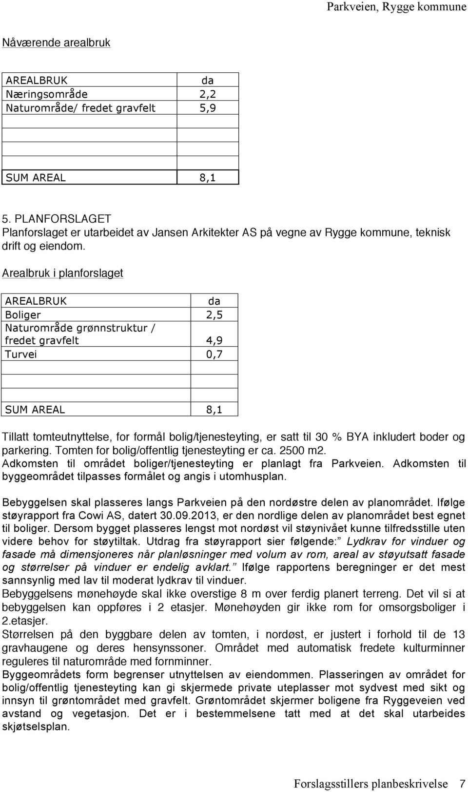 Arealbruk i planforslaget AREALBRUK da Boliger 2,5 Naturområde grønnstruktur / fredet gravfelt 4,9 Turvei 0,7 SUM AREAL 8,1 Tillatt tomteutnyttelse, for formål bolig/tjenesteyting, er satt til 30 %