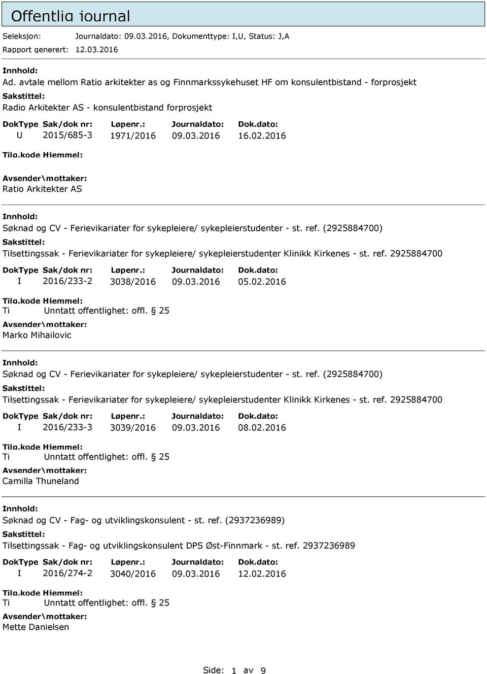 2016 Ratio Arkitekter AS nnhold: lsettingssak - Ferievikariater for sykepleiere/ sykepleierstudenter Klinikk Kirkenes - st. ref. 2925884700 2016/233-2 3038/2016 Marko Mihailovic 05.02.