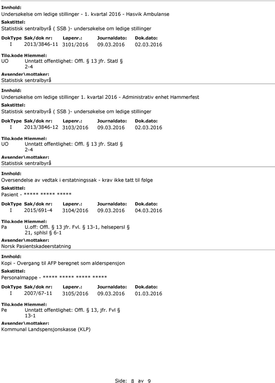 kvartal 2016 - Administrativ enhet Hammerfest Statistisk sentralbyrå ( SSB )- undersøkelse om ledige stillinger 2013/3846-12 3103/2016 UO Unntatt offentlighet: Offl. 13 jfr.