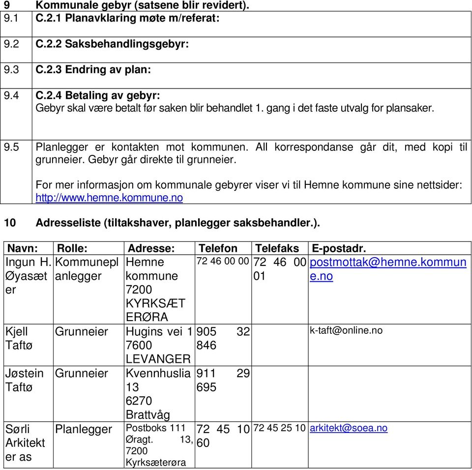 For mer informasjon om kommunale gebyrer viser vi til Hemne kommune sine nettsider: http://www.hemne.kommune.no 10 Adresseliste (tiltakshaver, planlegger saksbehandler.).