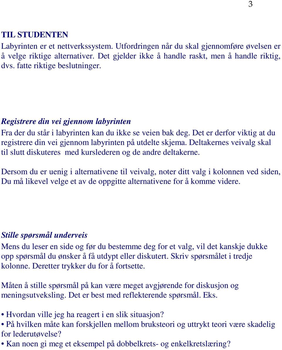 Det er derfor viktig at du registrere din vei gjennom labyrinten på utdelte skjema. Deltakernes veivalg skal til slutt diskuteres med kurslederen og de andre deltakerne.