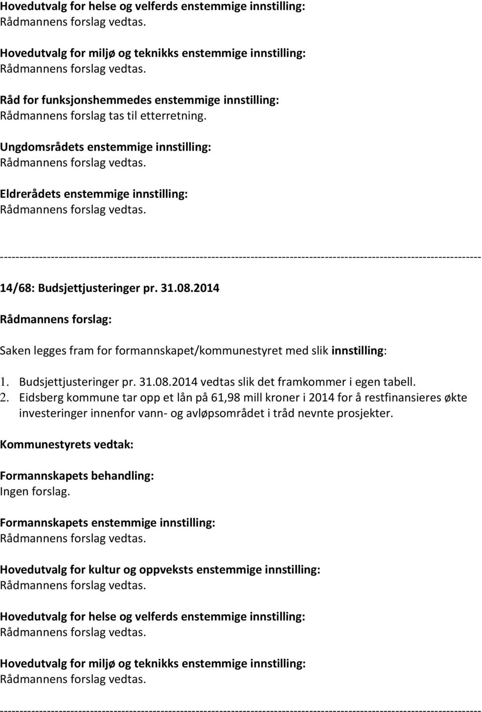 2014 Saken legges fram for formannskapet/kommunestyret med slik innstilling: 1. Budsjettjusteringer pr. 31.08.2014 vedtas slik det framkommer i egen tabell. 2.