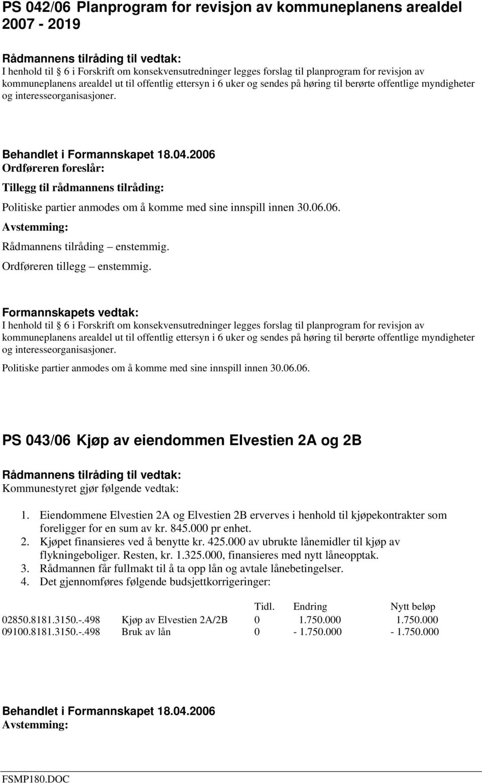 Ordføreren foreslår: Tillegg til rådmannens tilråding: Politiske partier anmodes om å komme med sine innspill innen 30.06.06. Rådmannens tilråding enstemmig. Ordføreren tillegg enstemmig.