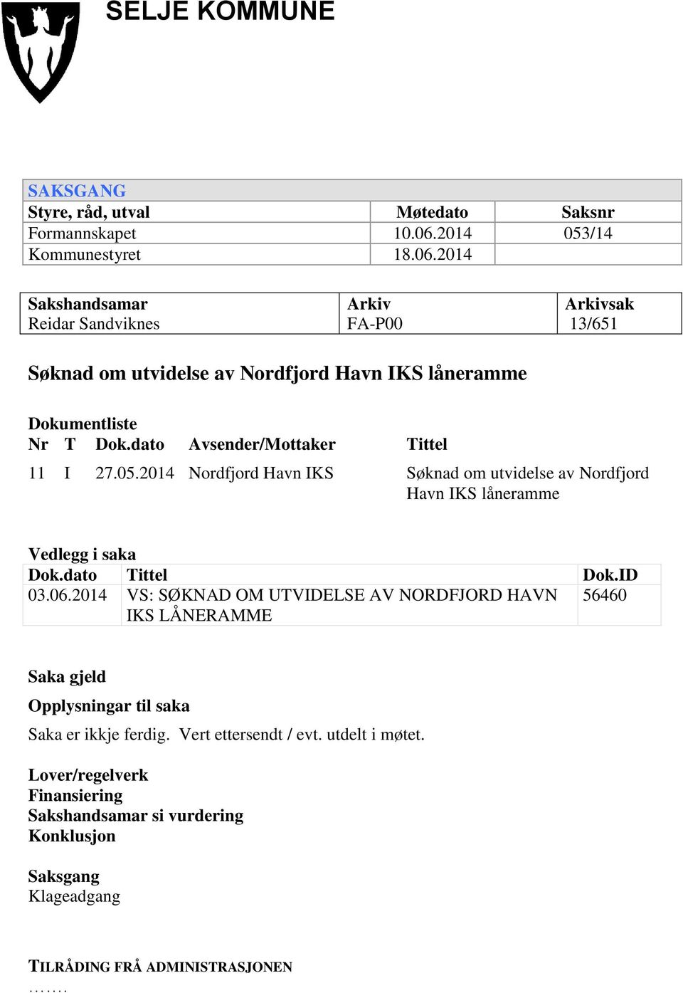 dato Avsender/Mottaker Tittel 11 I 27.05.2014 Nordfjord Havn IKS Søknad om utvidelse av Nordfjord Havn IKS låneramme Vedlegg i saka Dok.dato Tittel Dok.ID 03.06.