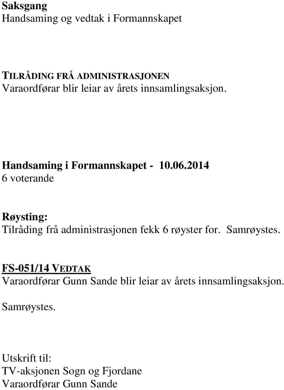 2014 6 voterande Røysting: Tilråding frå administrasjonen fekk 6 røyster for. Samrøystes.