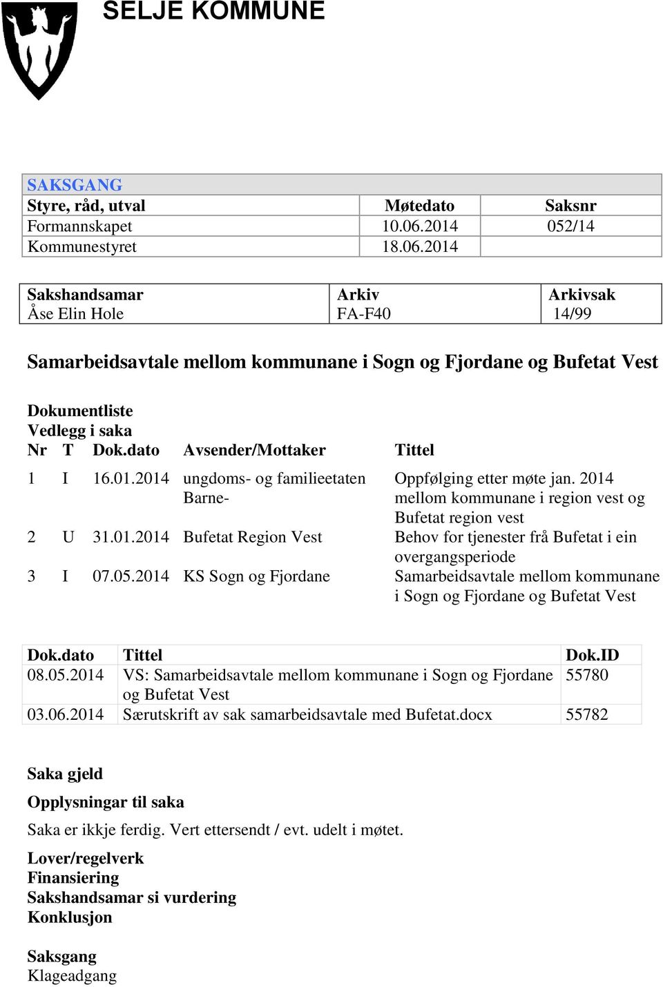 dato Avsender/Mottaker Tittel 1 I 16.01.2014 ungdoms- og familieetaten Barne- Oppfølging etter møte jan. 2014 mellom kommunane i region vest og Bufetat region vest 2 U 31.01.2014 Bufetat Region Vest Behov for tjenester frå Bufetat i ein overgangsperiode 3 I 07.