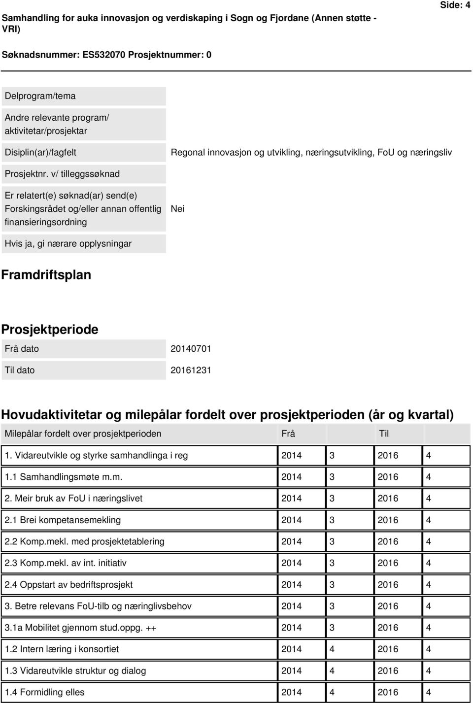 v/ tilleggssøknad Er relatert(e) søknad(ar) send(e) Forskingsrådet og/eller annan offentlig finansieringsordning Nei Hvis ja, gi nærare opplysningar Framdriftsplan Prosjektperiode Frå dato 20140701