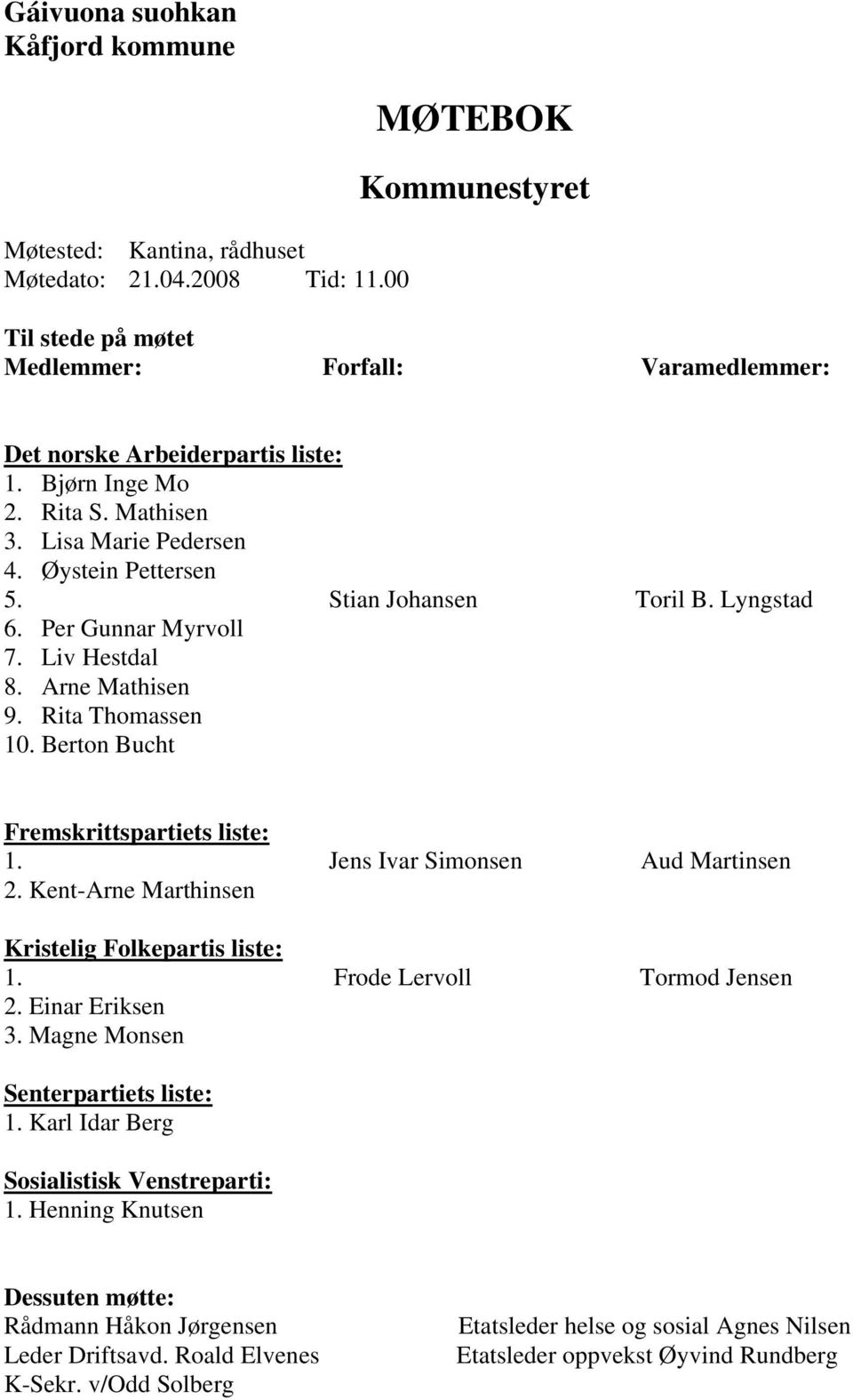 Stian Johansen Toril B. Lyngstad 6. Per Gunnar Myrvoll 7. Liv Hestdal 8. Arne Mathisen 9. Rita Thomassen 10. Berton Bucht Fremskrittspartiets liste: 1. Jens Ivar Simonsen Aud Martinsen 2.