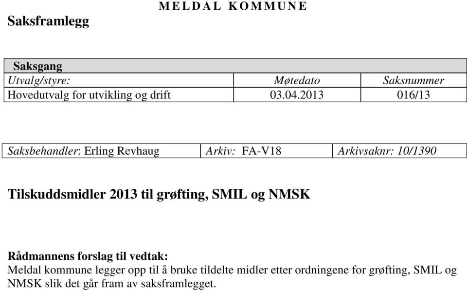 2013 016/13 Saksbehandler: Erling Revhaug Arkiv: FA-V18 Arkivsaknr: 10/1390 Tilskuddsmidler 2013 til