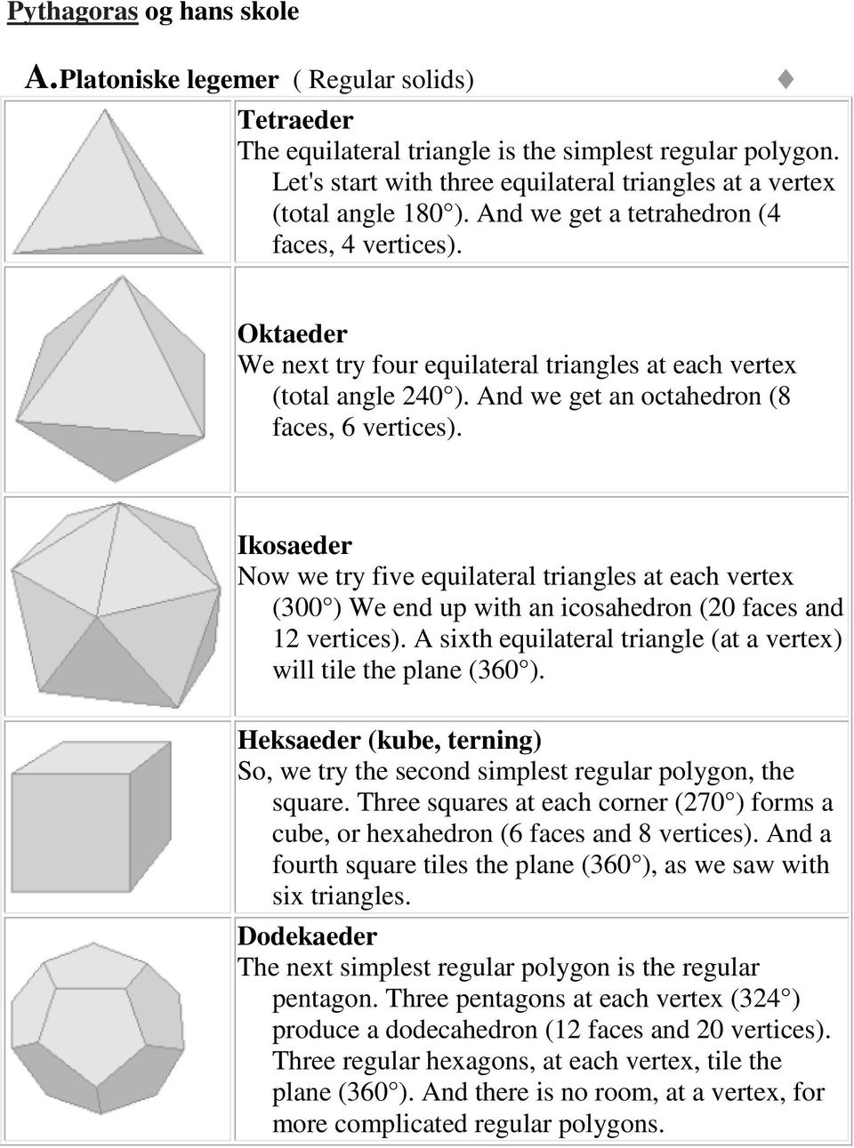 Oktaeder We next try four equilateral triangles at each vertex (total angle 240 ). And we get an octahedron (8 faces, 6 vertices).