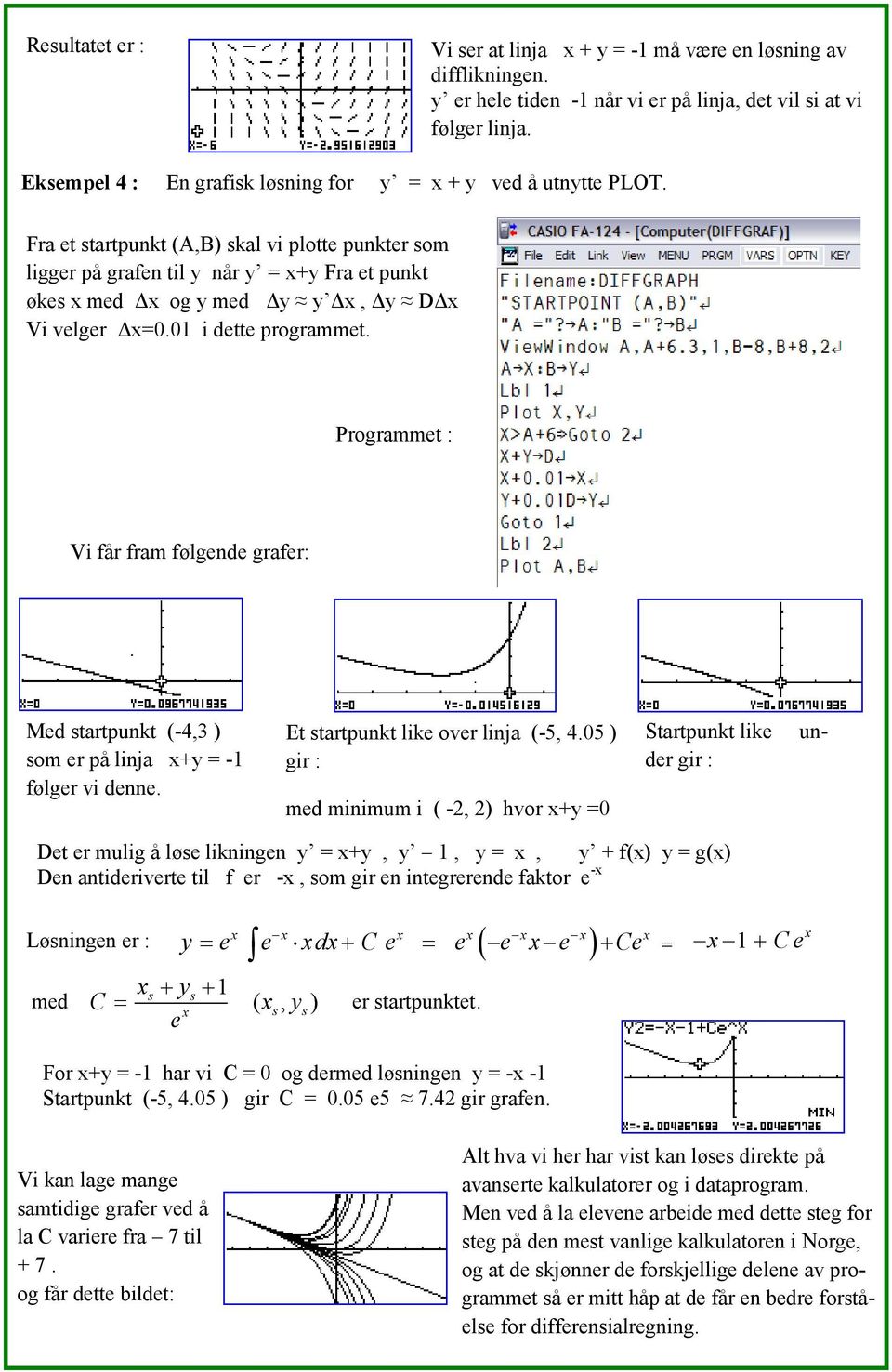 Fra et startpunkt (A,B) skal vi plotte punkter som ligger på grafen til y når y = x+y Fra et punkt økes x med Δx og y med Δy y Δx, Δy DΔx Vi velger Δx=0.01 i dette programmet.