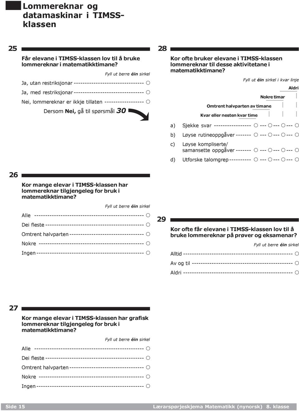 30 28 Kor ofte bruker elevane i TIMSS-klassen lommereknar til desse aktivitetane i matematikktimane?