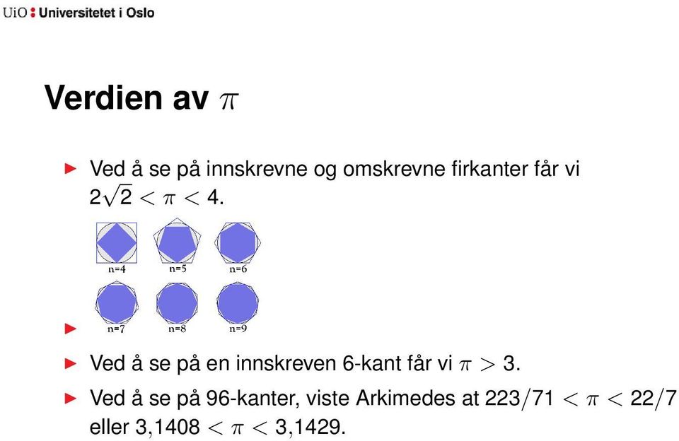 Ved å se på en innskreven 6-kant får vi π > 3.