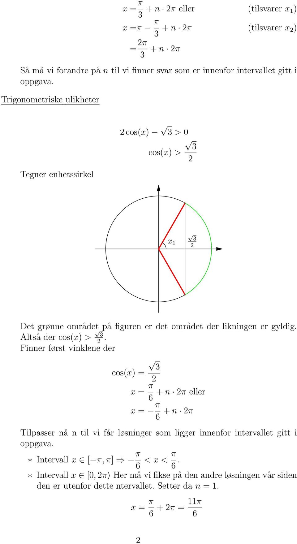 Finner først vinklene der cos(x) = x = π + n π eller 6 x = π 6 + n π Tilpasser nå n til vi får løsninger som ligger innenfor intervallet gitt i oppgava.