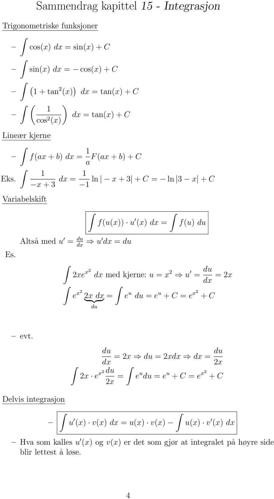 Altså med u = du dx u dx = du xe x dx med kjerne: u = x u = du dx = x e x x } {{ dx} = e u du = e u + C = e x + C du evt.